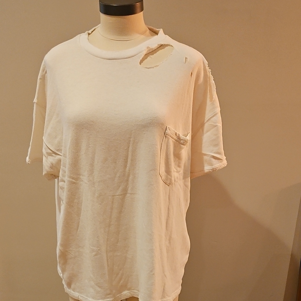 We The Free Cream Distressed Short Sleeve Tee